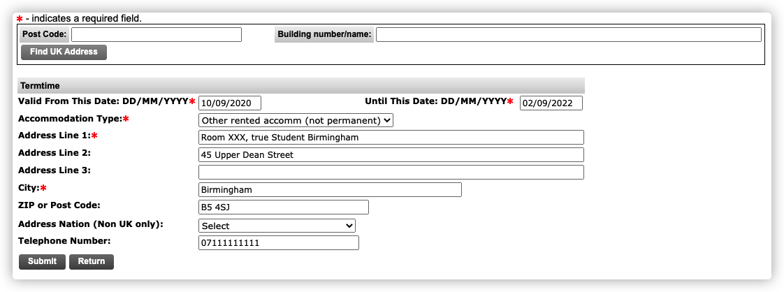 Address Details - Termtime Address